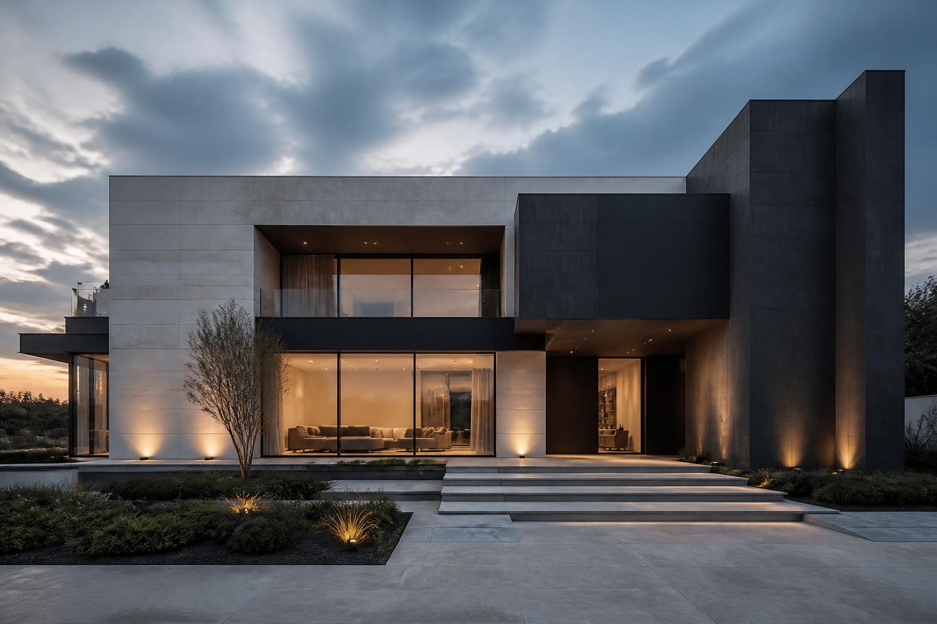 Residência contemporânea de alto padrão em pedra clara e volumes em grafite ao entardecer